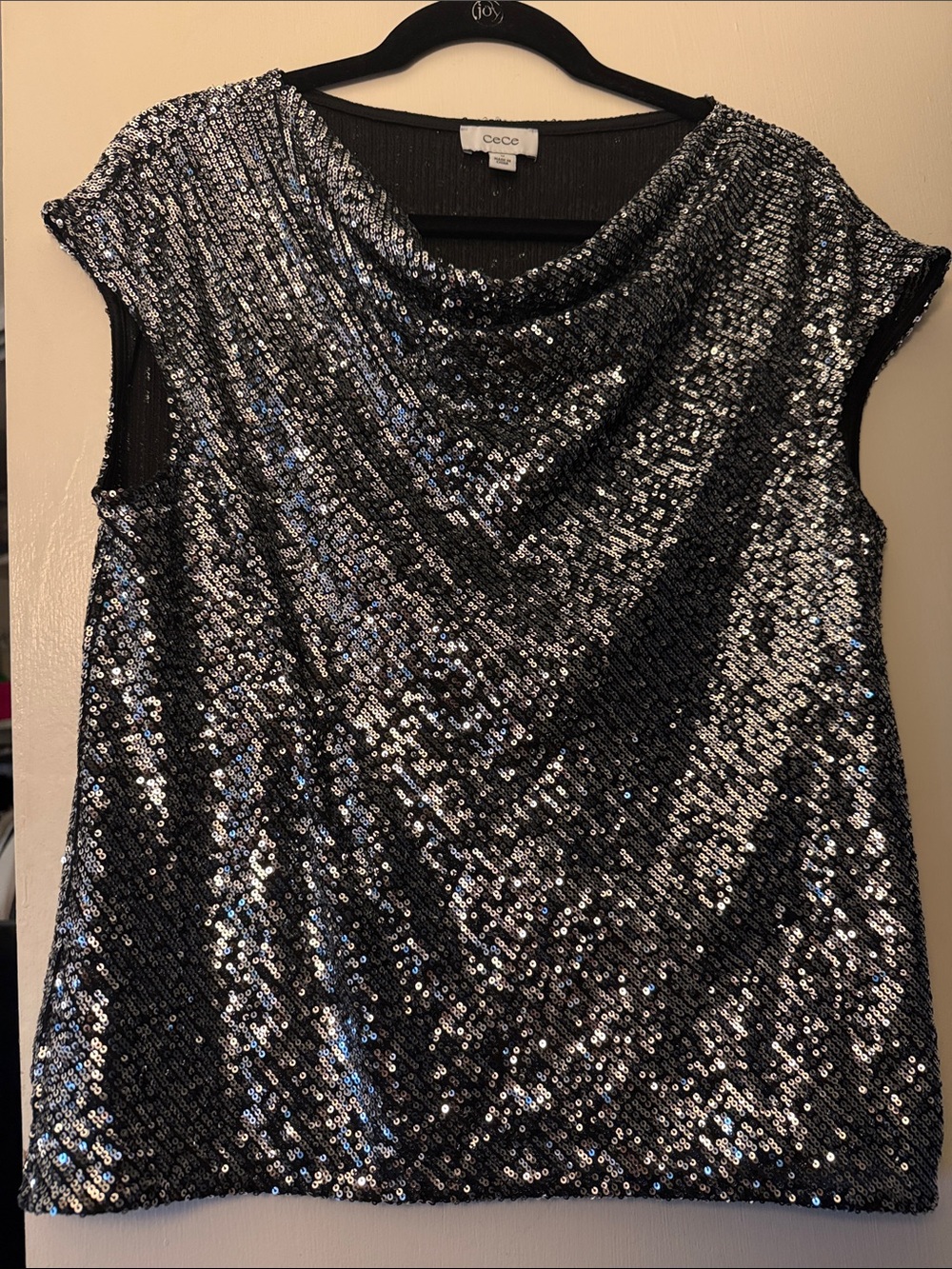 CeCe Silver Sequin Cowl-Neck Sleeveless Top